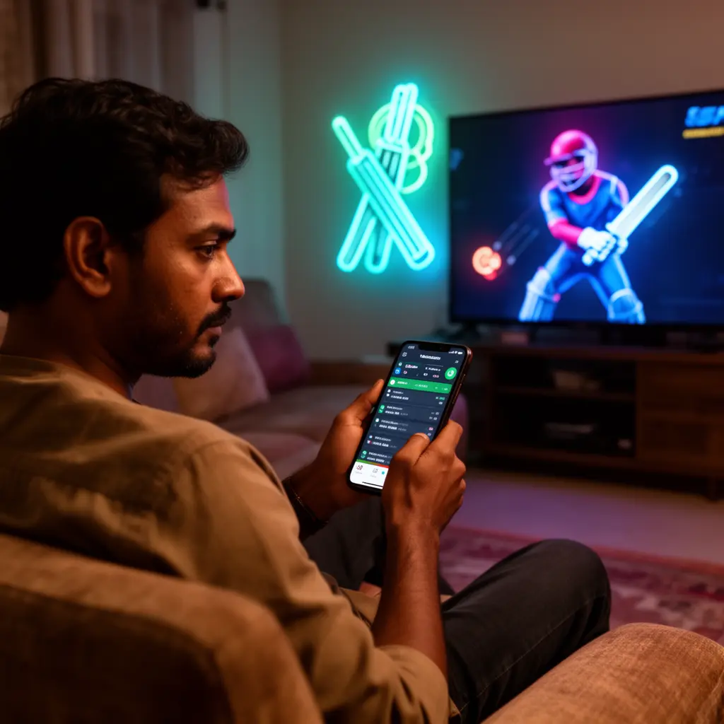 51BD App – Follow live cricket and place bets easily in Bangladesh Focused Bangladeshi sports fan using the 51BD mobile app while watching live cricket with glowing stadium lights and digital effects